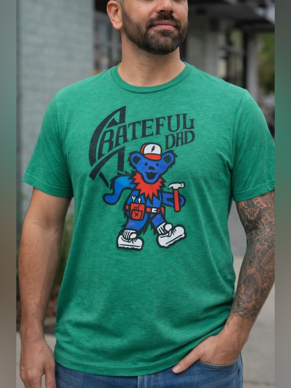 Grateful Dead Grateful Dad T-Shirt Homage Size Large Green Bear Graphic Tee L